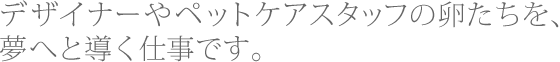 デザイナーやペットケアスタッフの卵たちを、夢へと導く仕事です